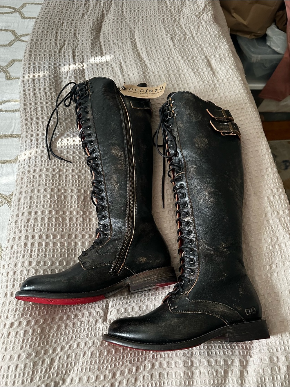 BED|STU Della Black Leather Lace-Up Knee Boots with Red Outsole